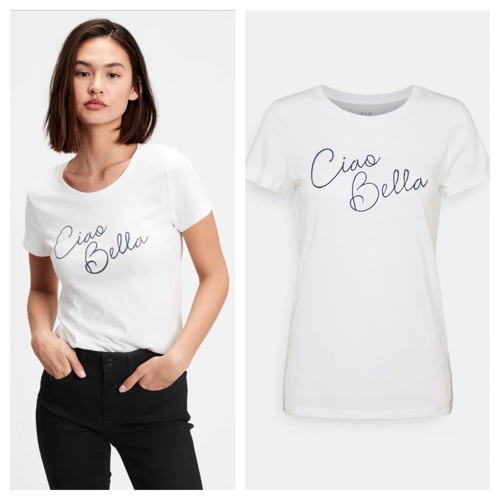 GAP Ciao Bella Favorite Graphic T-Shirt Short Sleeve Crew White Women's Large